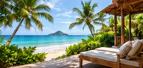 A shaded coastal veranda overlooking a white-sand beach and turquoise sea