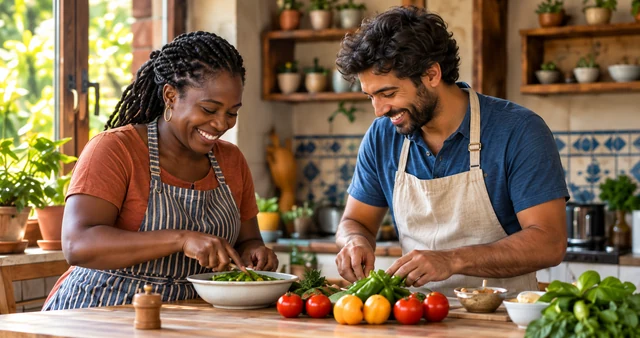 Two people preparing a fresh meal together in a sunny home kitchen