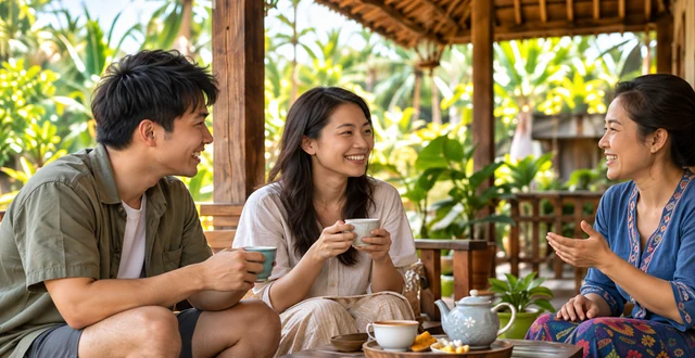 Travelers sharing tea and conversation with a host on a leafy veranda